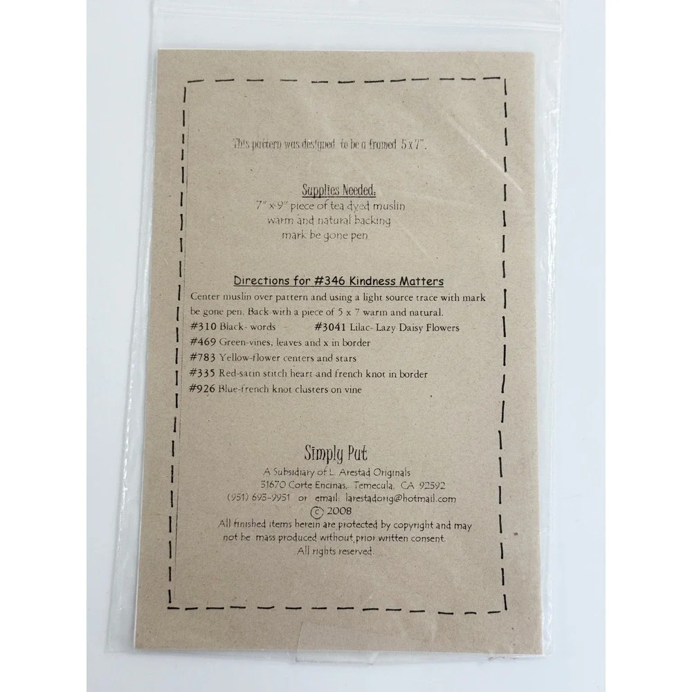 Simply Put‎ Embroidery Pattern Beige Kindness Matters #346 Primitive